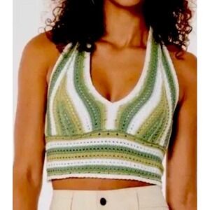 Hollister Striped Halter Top‎ Green White Knit Crochet Crop Tie Large
